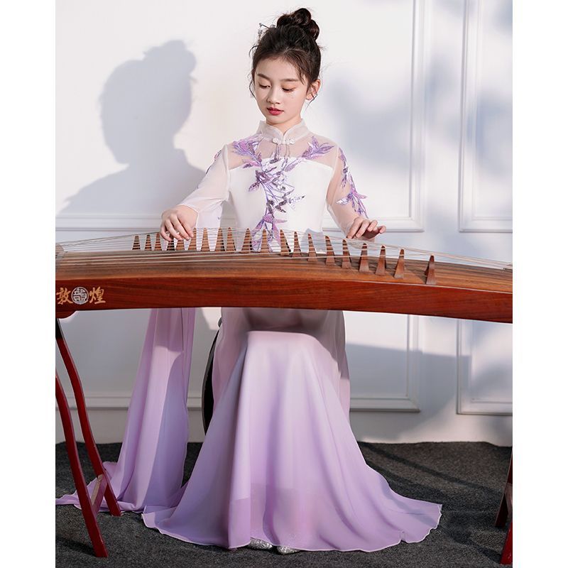 女童古筝演出服中国风紫