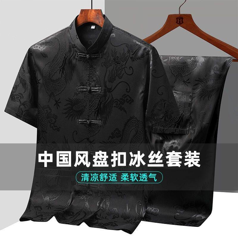 短袖唐装套装男士夏季中