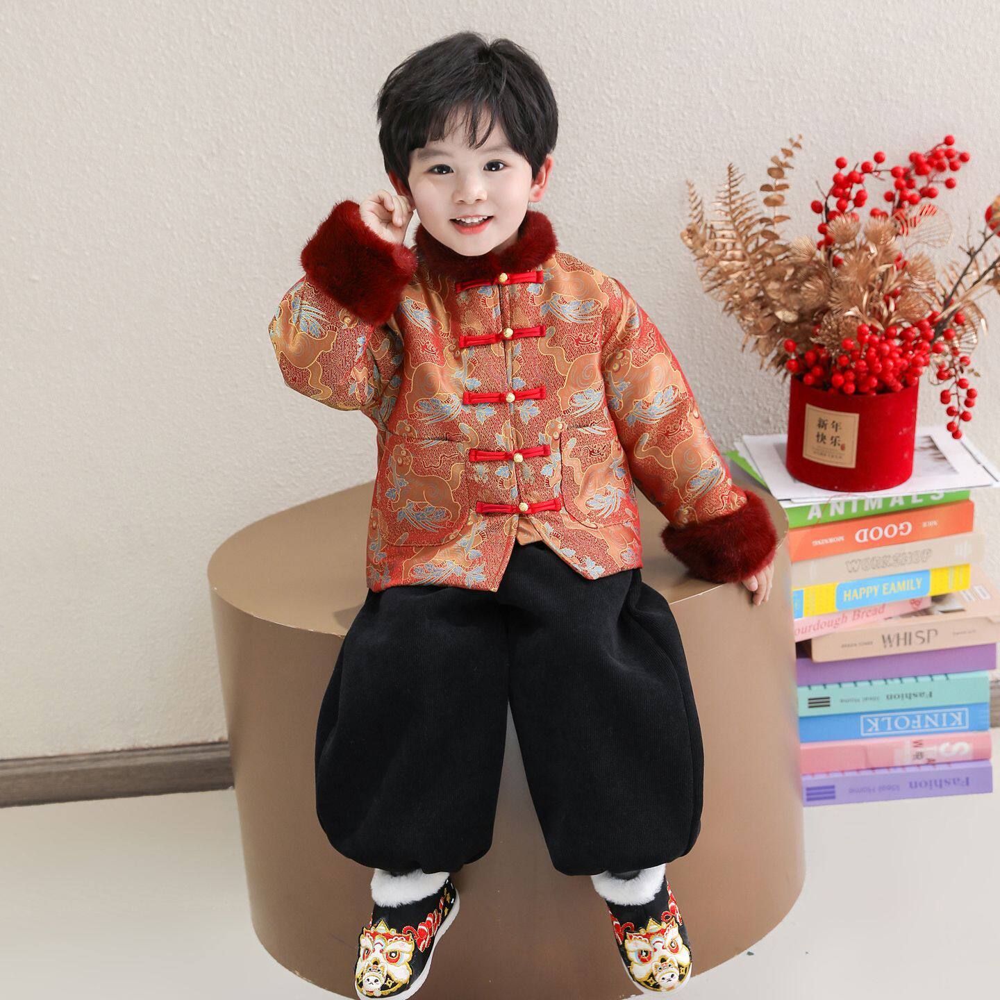 儿童拜年加绒唐装演出服