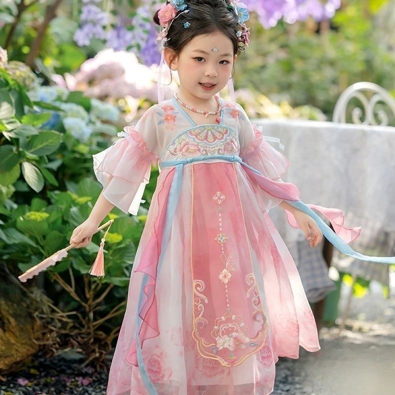 2026年新款夏季超仙粉色古装儿童汉服裙女童古风唐装连衣裙子