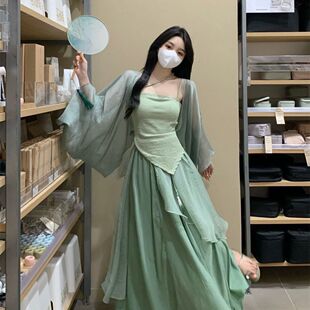 新中式女装国风改良汉服汉元素日常小个子绿色连衣裙子三件套装女