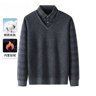 厚款/加绒款中老年爸爸毛衣衬衫领男士假两件针织打底宽松保暖衣