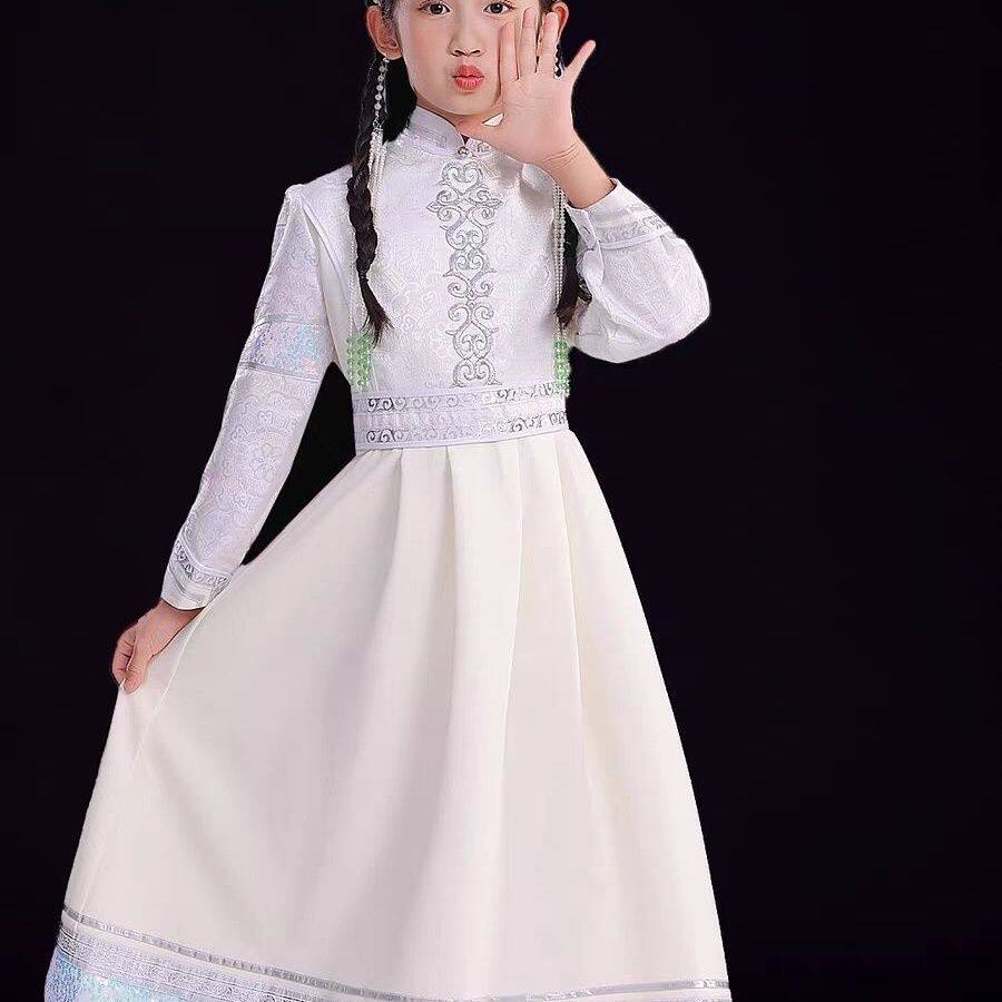 2025蒙古族儿童蒙古袍舞蹈演出服六一元旦女童长款连衣裙舞台礼服