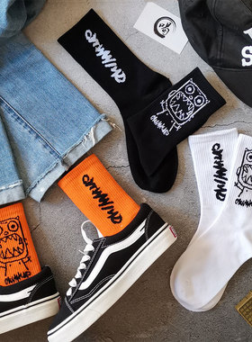AB面长袜子男女中筒棉黑白橙色字母搞怪卡通ins潮街头滑板运动秋w