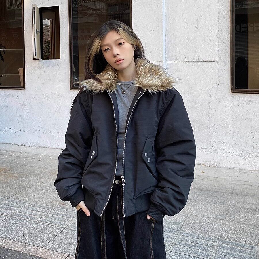 GGABI 美式复古毛领情侣棉袄棉服秋冬款男女飞行夹克面包服情侣潮