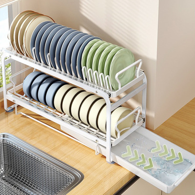 抽拉式碗碟收纳架双层厨房橱柜抽屉拉篮碗架放碗盘筷子沥水置物架