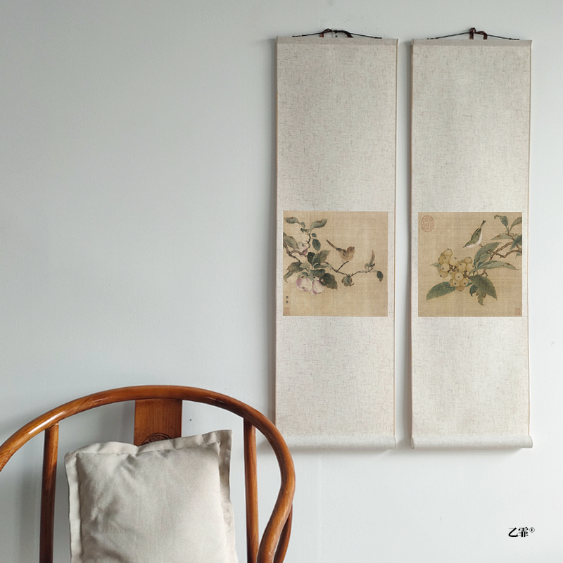 桔子格调 果熟来禽图 枇杷山鸟图国画绢布仿古挂画挂轴卷轴装饰画