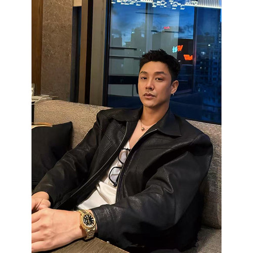 SONGCRAFT 复古翻领PU皮夹克男宽松短款机车夹克潮流百搭工装外套