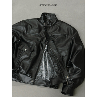 宋春江同款 冬季重磅加绒皮衣美式复古结构座山雕男皮夹克棉衣