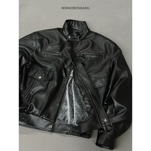 宋春江同款 冬季重磅加绒皮衣美式复古结构座山雕男皮夹克棉衣