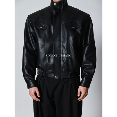 宋春江同款 黑色复古皮夹克港风机车软皮宽松高级感飞行员男外套