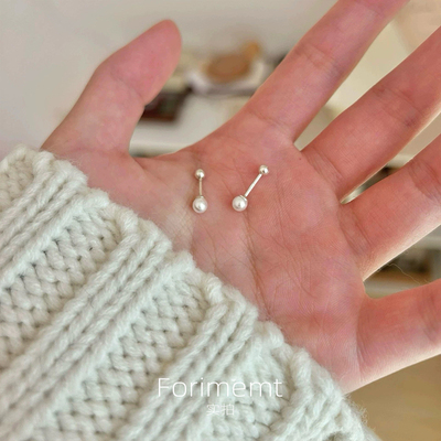 S925纯银mini珍珠耳钉小圆球拧螺丝扣养耳洞简约温柔风耳骨钉耳饰