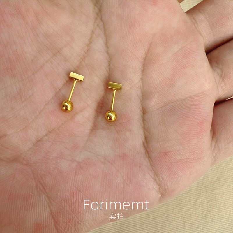 925纯银小金条耳钉女养耳洞小巧简约镀18k金睡觉免摘拧螺丝款耳饰