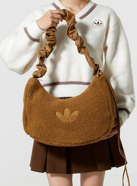 Adidas阿迪达斯三叶草女包2025冬季新款复古仿羊羔绒单肩包KT0858