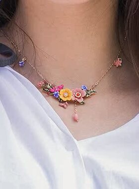 手工饰品法式时尚珐琅釉红黄色芍药花朵流苏坠项链锁骨链饰品女潮