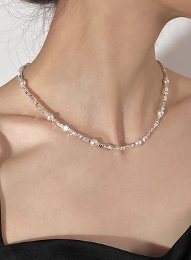 欧美极简百搭颈链锁骨链珍珠碎银子满天星项链好质感细版银色颈链