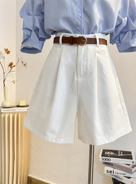 白色腰带工装短裤女2025春夏宽松高腰A字阔腿裤宽松休闲五分中裤