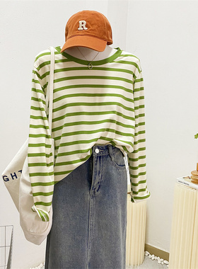 绿色条纹t恤女长袖2025春秋内搭韩版宽松显瘦百搭圆领打底衫上衣