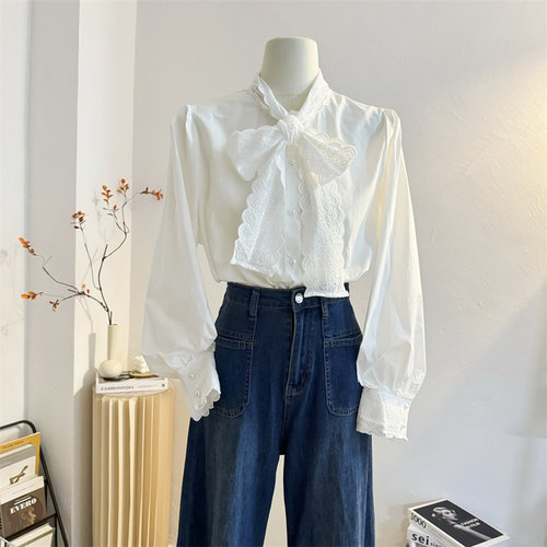 宽松甜美单排扣长袖蝴蝶结衬衫女