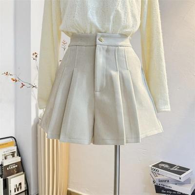 百褶裙裤短裤毛呢韩版高腰阔腿