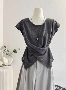 不规则交叉收腰灰色短袖T恤女2026夏季薄款微透显瘦开叉体恤上衣