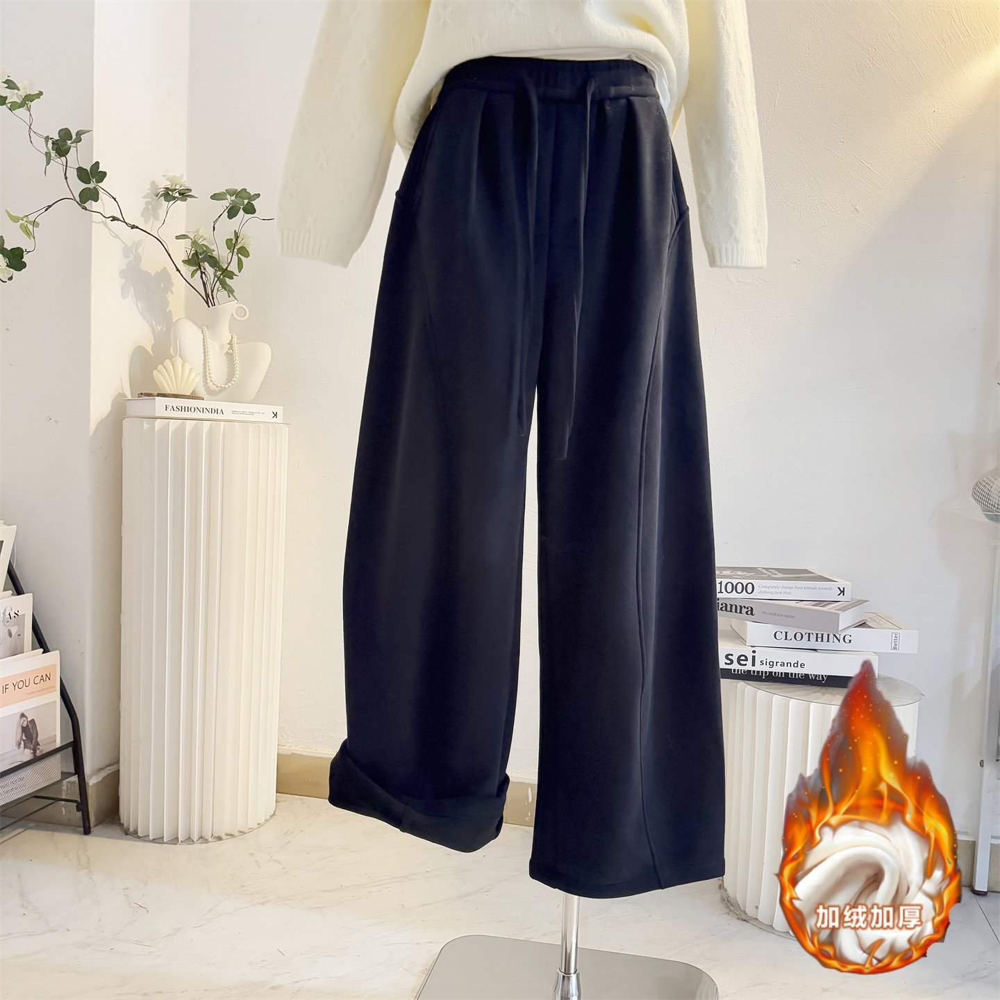 藏青色加绒加厚卫裤休闲裤女2025秋冬宽松阔腿运动裤小个子弯刀裤