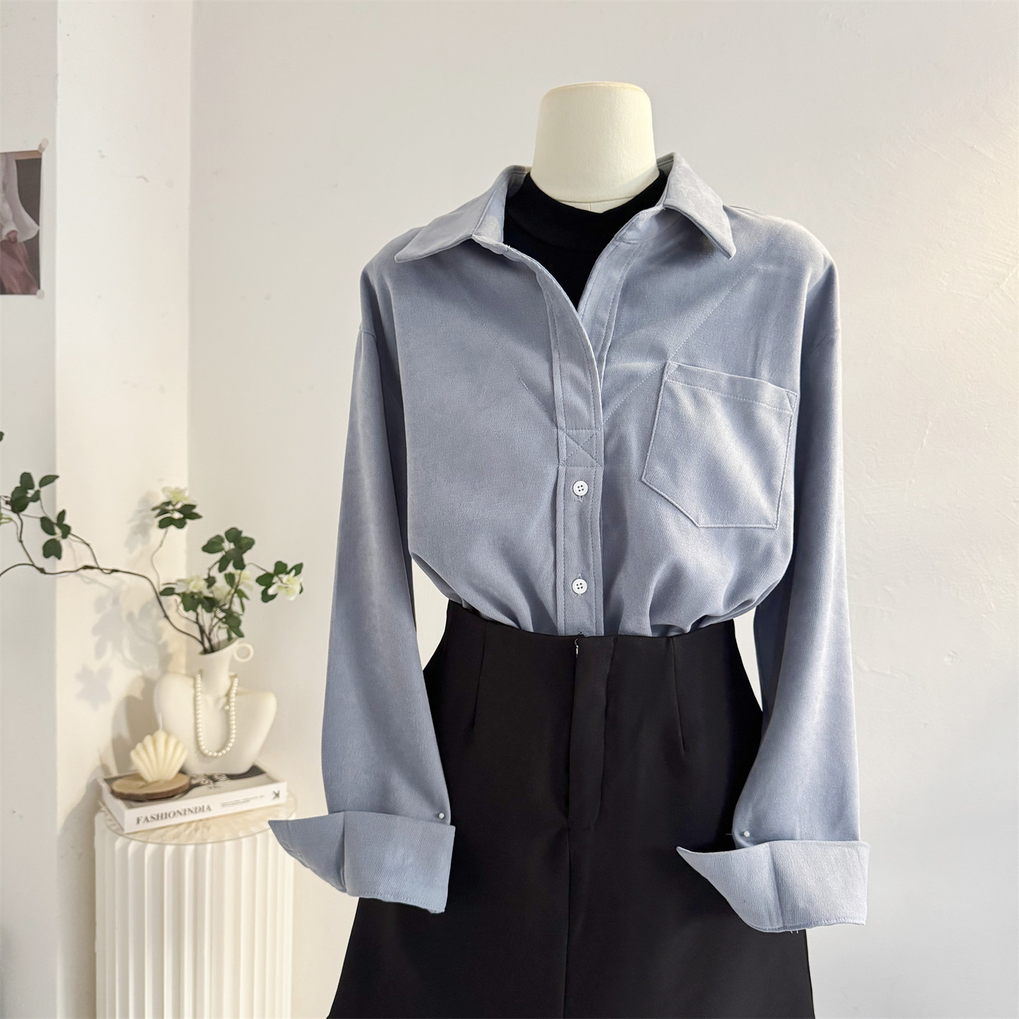 宽松休闲磨毛加厚假两件长袖衬衫