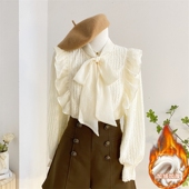 女秋冬气质内搭打底小衫 衬衫 上衣杏 加绒加厚长袖 系带蝴蝶结蕾丝衫