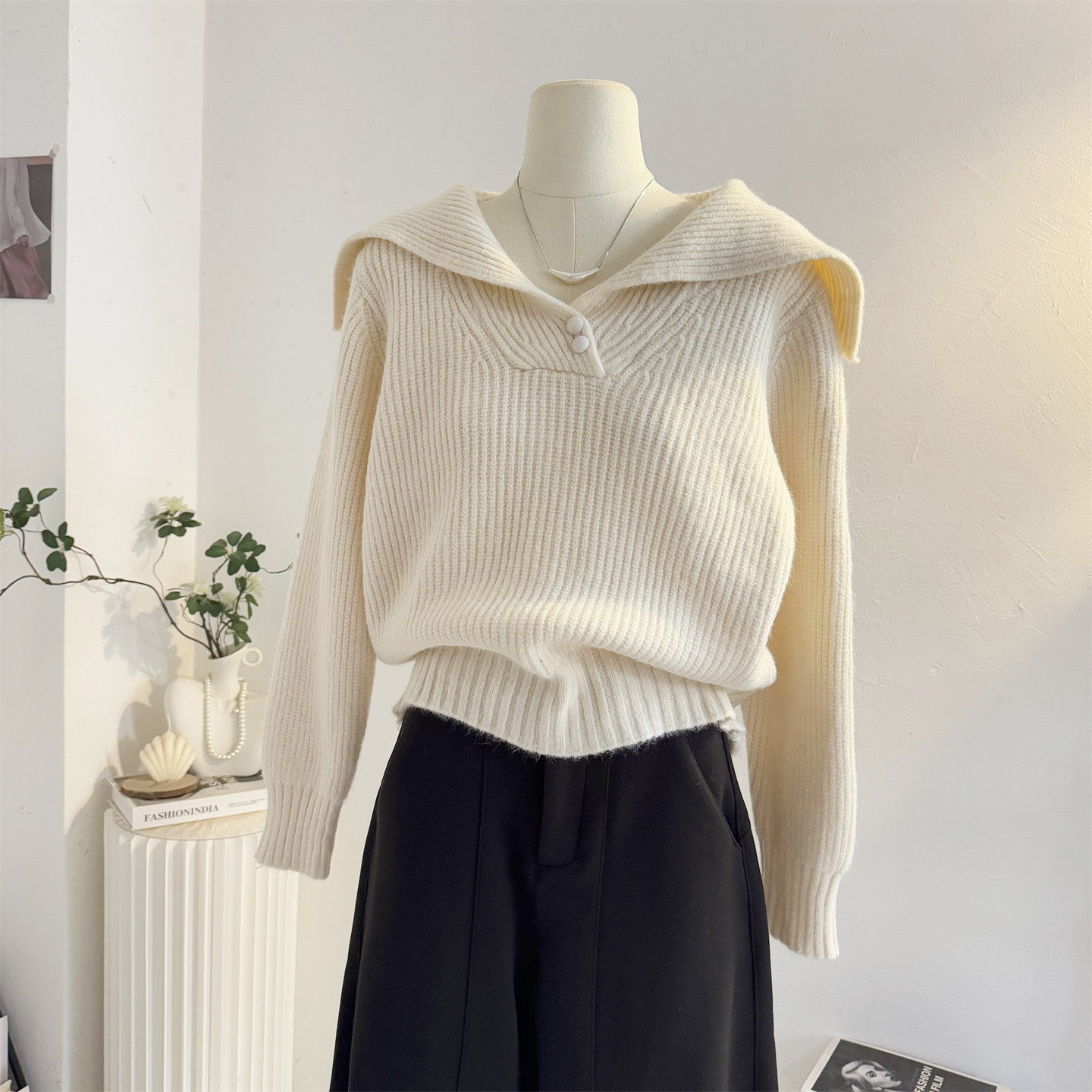 韩系复古海军领毛衣女2025秋冬季宽松短款加厚翻领套头针织衫上衣,女装/女士精品,毛衣,淘宝优惠券,粉丝福利购,淘宝优惠卷