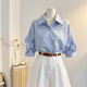 通勤衬衣宽松韩系上衣 女2025夏高级感压褶泡泡袖 蓝色条纹短袖 衬衫