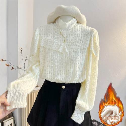 半高领蕾丝衫加绒加厚套头宫廷风