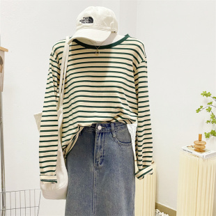 宽松内搭圆领打底衫 春秋韩版 白搭上衣 T恤女2025新款 绿色条纹长袖