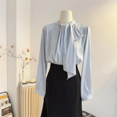 法式气质立领飘带缎面长袖衬衫女
