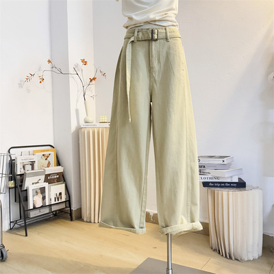 宽松复古卡其色腰带阔腿牛仔裤女