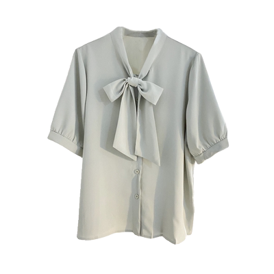 宽松气质排扣短袖雪纺蝴蝶结衬衫