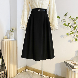 法式气质黑色伞裙高腰a字毛呢半身裙女秋冬中长款大摆呢子百褶裙