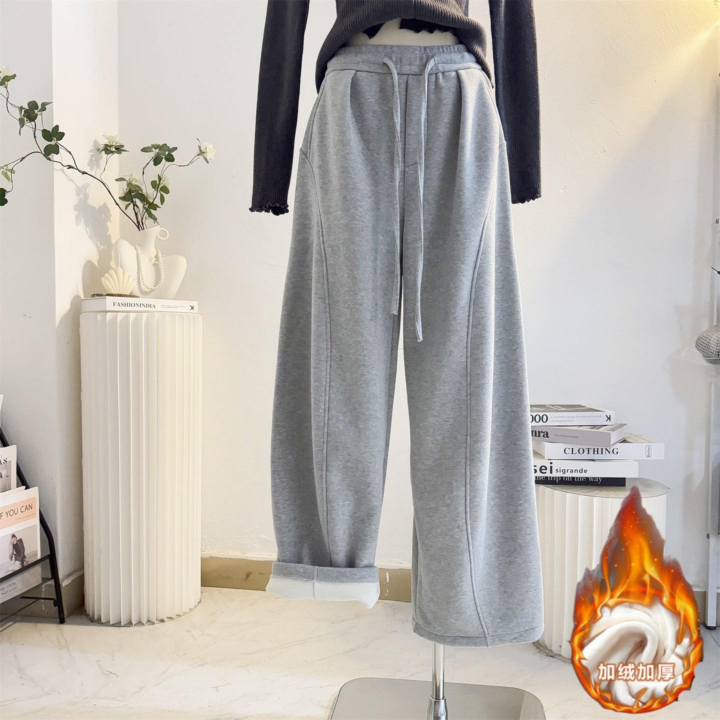 加绒加厚灰色卫裤运动裤女2025秋冬宽松百搭阔腿小个子弯刀休闲裤
