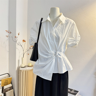 不规则褶皱收腰白色短袖衬衫女