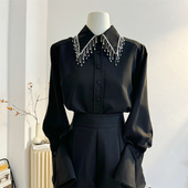 女2025春秋设计感气质喇叭袖 法式 轻奢高级感黑色流苏钉珠衬衫 衬衣