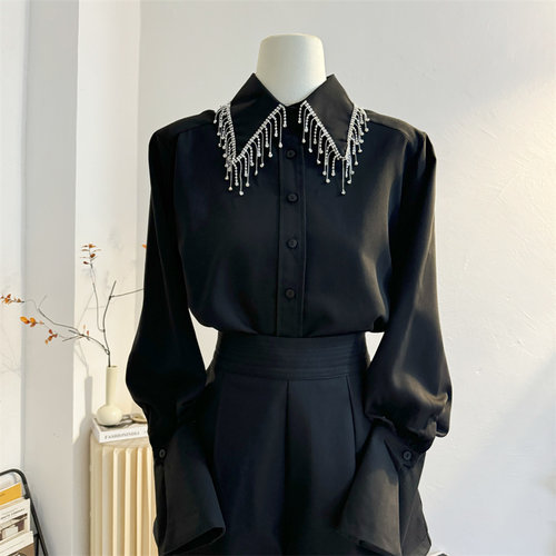 法式气质长袖流苏钉珠衬衫喇叭袖