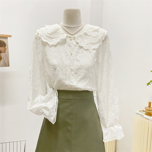 甜美设计感娃娃领蕾丝长袖衬衫女