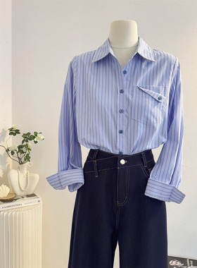 蓝色翻领条纹衬衫女长袖2025秋宽松休闲气质职业通勤衬衣叠穿上衣