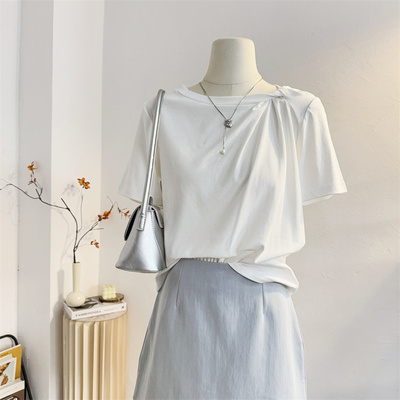 扭结设计感圆领正肩短袖T恤上衣