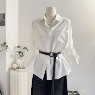 女2026春季 衬衫 设计感宽松休闲气质通勤衬衣 别致腰带白色长袖 法式