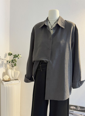 雾绒感烟灰色长袖衬衫女2025秋冬季宽松慵懒风衬衣复古港风叠穿