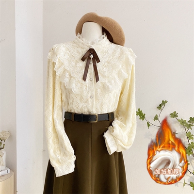 甜美长袖蕾丝花边立领衬衫加绒