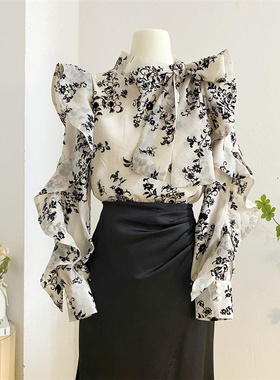 法式系带蝴蝶结碎花长袖衬衫女2025春季设计感减龄荷叶边小衫上衣