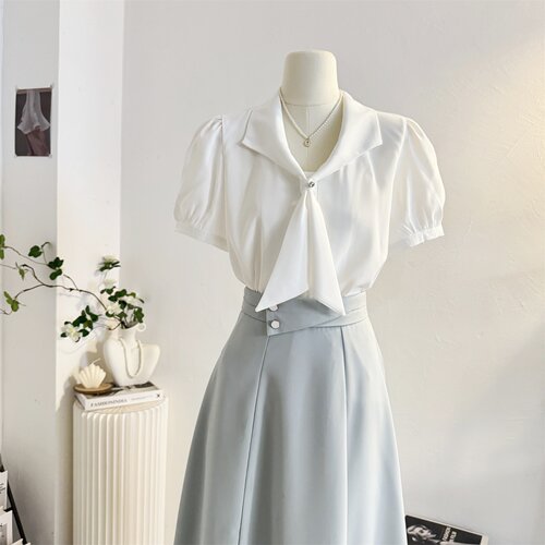 宽松法式翻领飘带蝴蝶结短袖衬衫