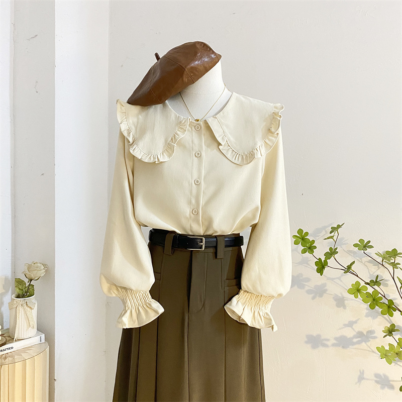 宽松甜美长袖磨毛花边娃娃领衬衫