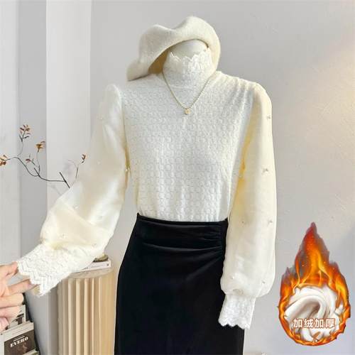 半高领法式套头蕾丝衫加绒加厚